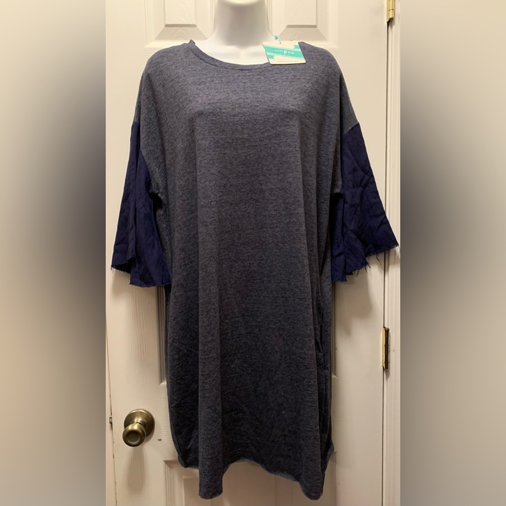 UMGEE USA Women's Small Blue And Dark Blue Sleeve Shirt Dress W/ Pockets New